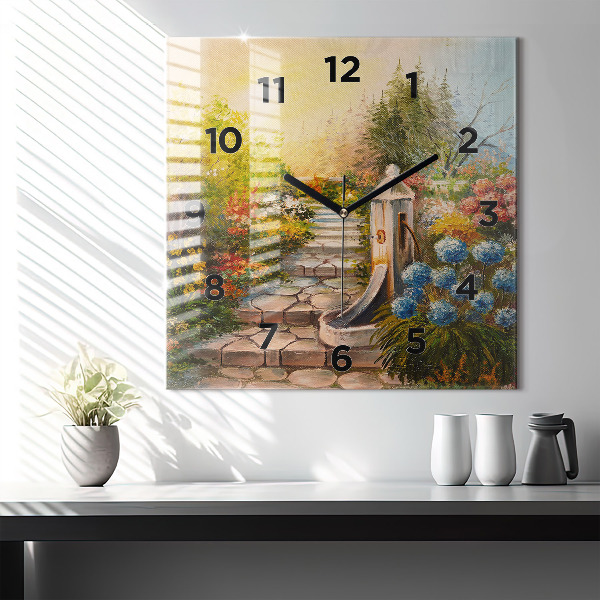 Square glass wall clock Oil composition in the forest