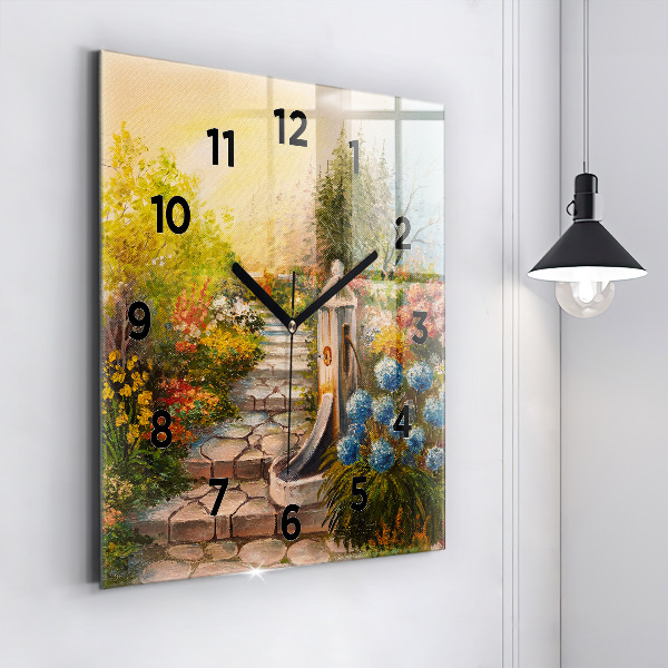 Square glass wall clock Oil composition in the forest