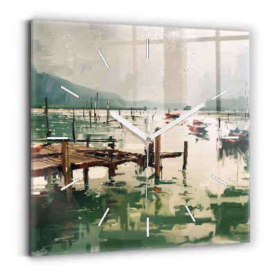 Square glass wall clock Fishing boats in the port