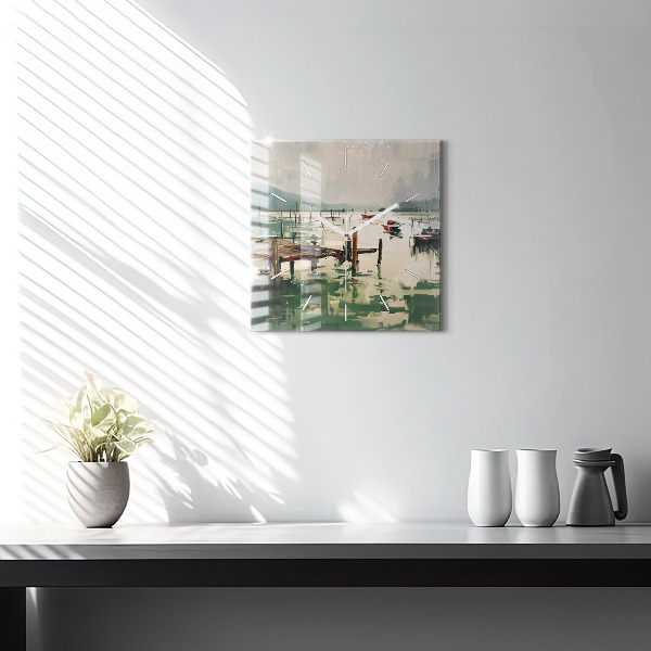 Square glass wall clock Fishing boats in the port