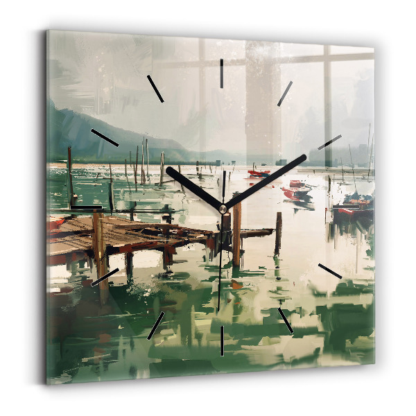 Square glass wall clock Fishing boats in the port