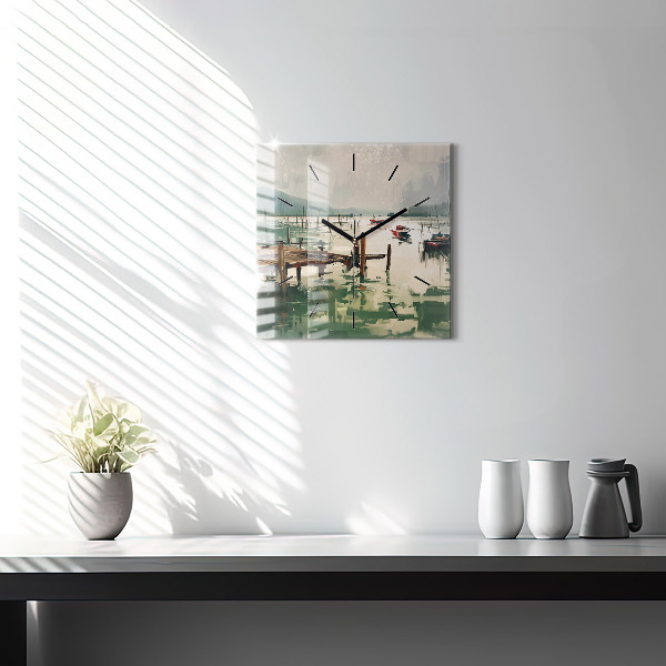 Square glass wall clock Fishing boats in the port
