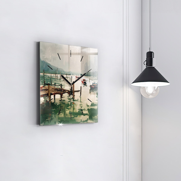 Square glass wall clock Fishing boats in the port