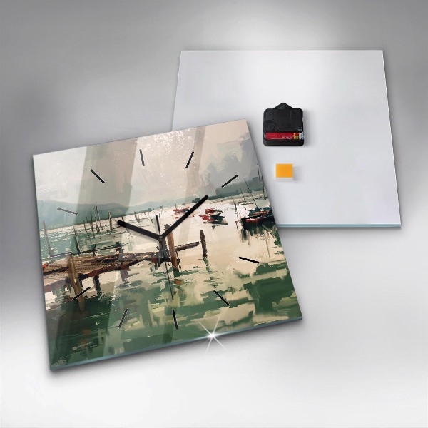 Square glass wall clock Fishing boats in the port