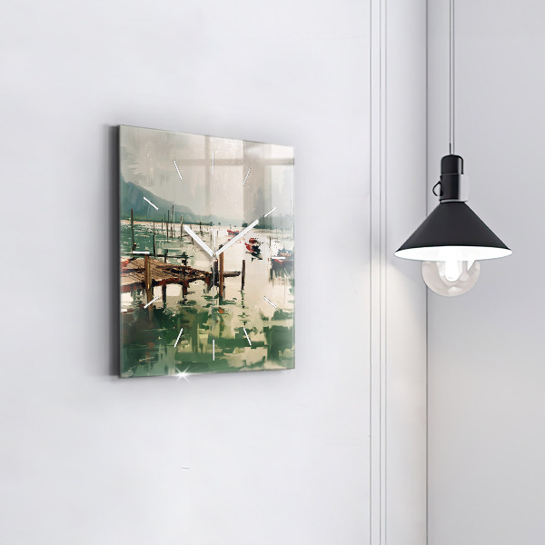 Square glass wall clock Fishing boats in the port