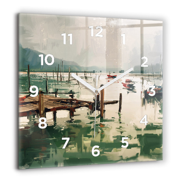 Square glass wall clock Fishing boats in the port