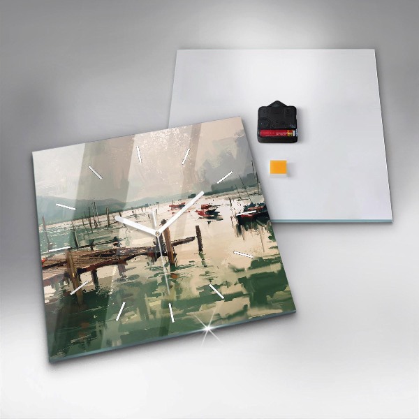 Square glass wall clock Fishing boats in the port