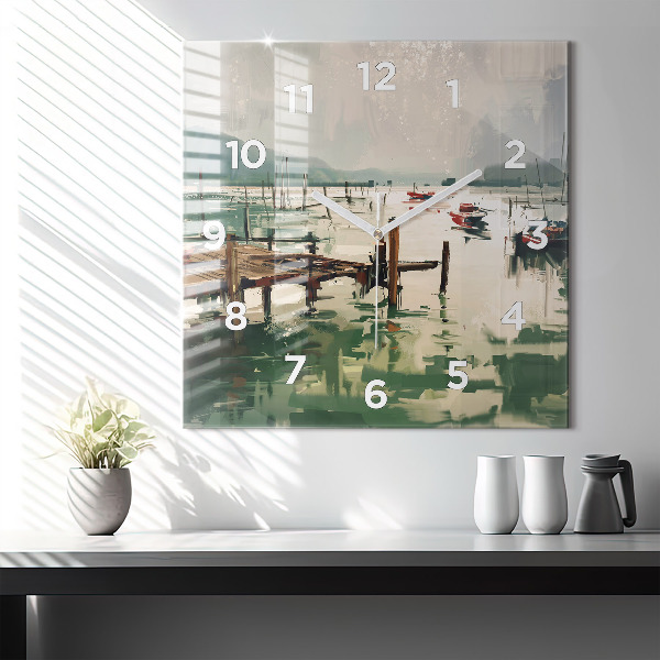 Square glass wall clock Fishing boats in the port