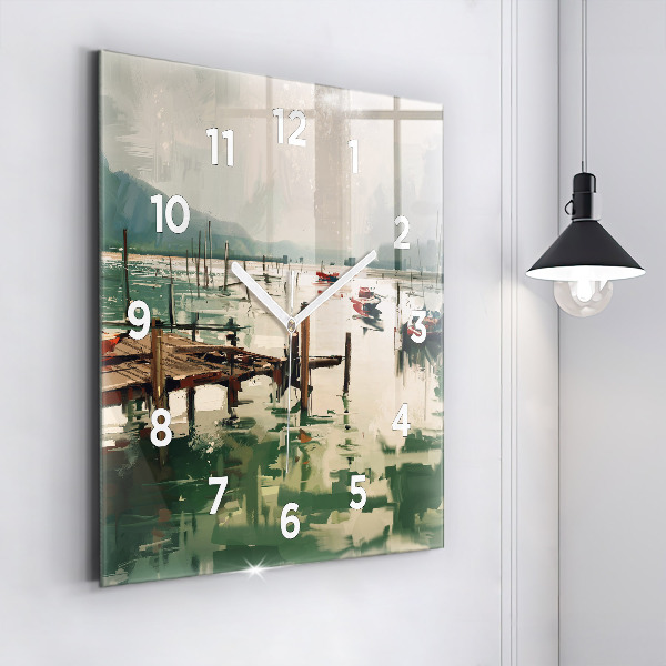 Square glass wall clock Fishing boats in the port