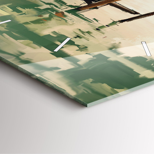 Square glass wall clock Fishing boats in the port