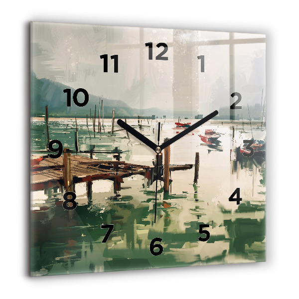 Square glass wall clock Fishing boats in the port