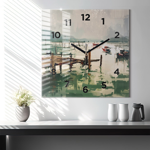 Square glass wall clock Fishing boats in the port