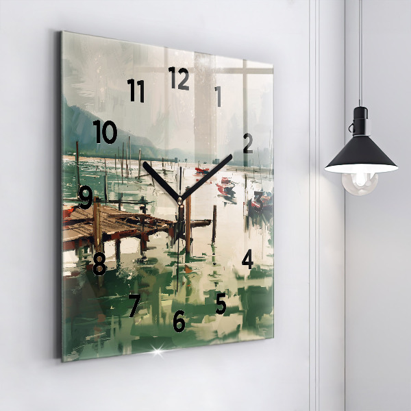 Square glass wall clock Fishing boats in the port