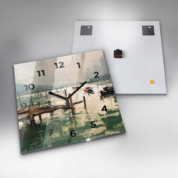 Square glass wall clock Fishing boats in the port