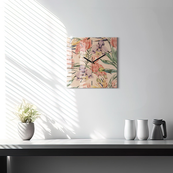 Square glass wall clock Tropical palm leaves
