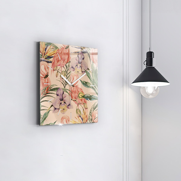 Square glass wall clock Tropical palm leaves