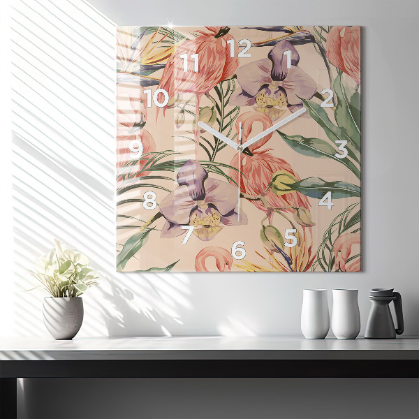 Square glass wall clock Tropical palm leaves