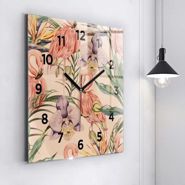 Square glass wall clock Tropical palm leaves