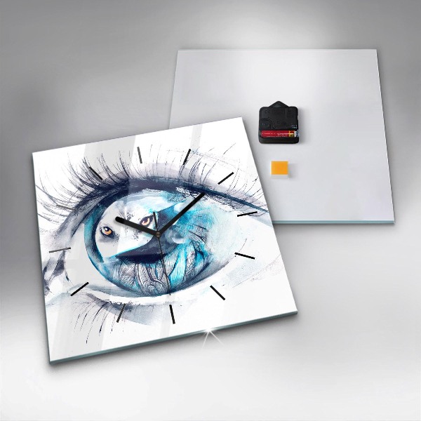 Square glass wall clock Wolf Eye Illustration