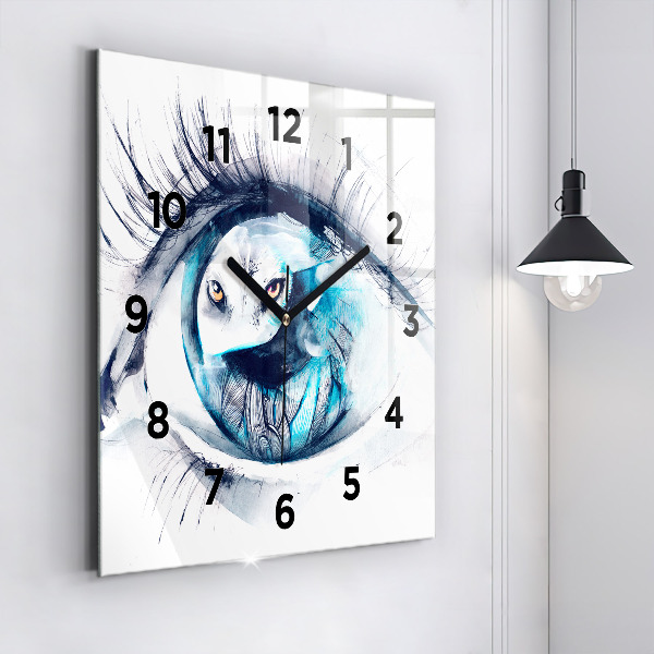 Square glass wall clock Wolf Eye Illustration