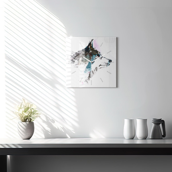Square glass wall clock Painted Wolf Profile
