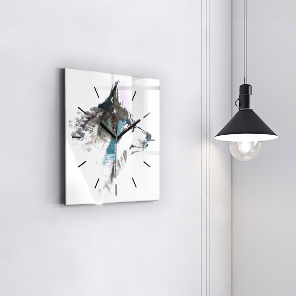 Square glass wall clock Painted Wolf Profile