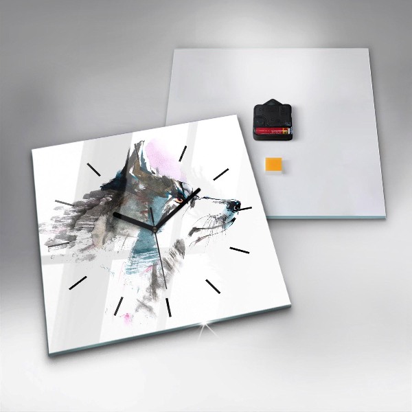 Square glass wall clock Painted Wolf Profile