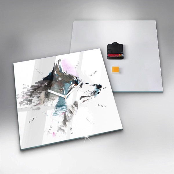 Square glass wall clock Painted Wolf Profile