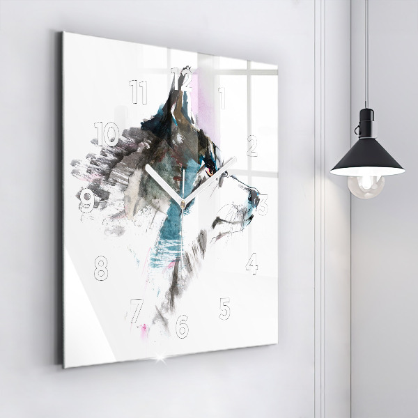 Square glass wall clock Painted Wolf Profile
