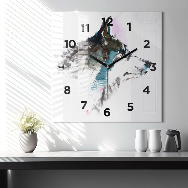 Square glass wall clock Painted Wolf Profile