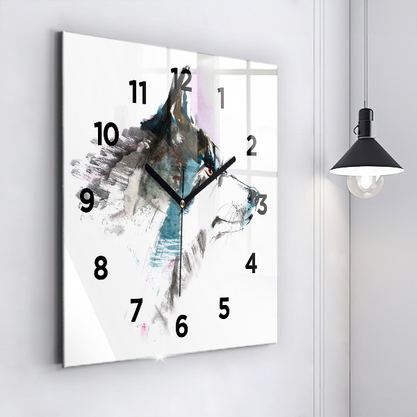 Square glass wall clock Painted Wolf Profile