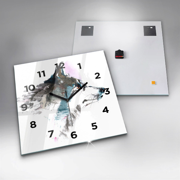 Square glass wall clock Painted Wolf Profile
