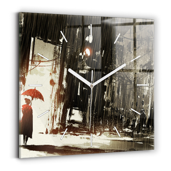 Square glass wall clock Woman on a rainy night