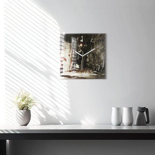 Square glass wall clock Woman on a rainy night