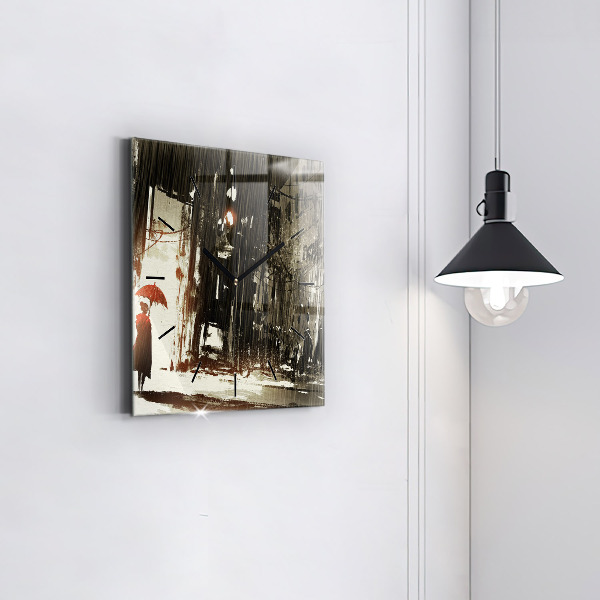 Square glass wall clock Woman on a rainy night