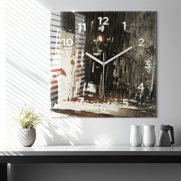 Square glass wall clock Woman on a rainy night