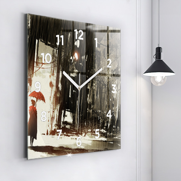 Square glass wall clock Woman on a rainy night