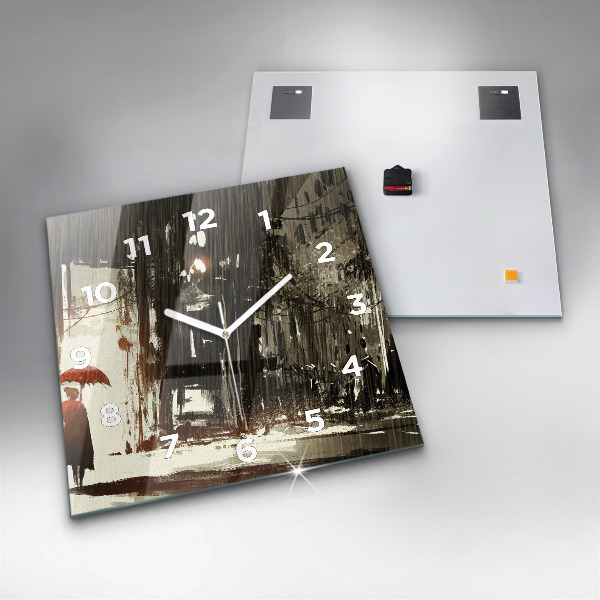 Square glass wall clock Woman on a rainy night