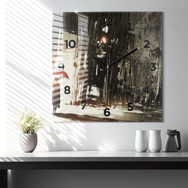 Square glass wall clock Woman on a rainy night
