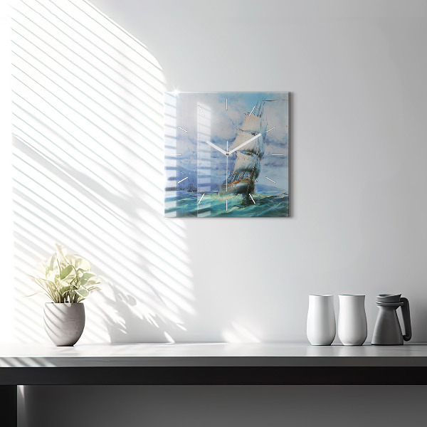 Square glass wall clock A ship on the water