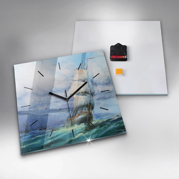 Square glass wall clock A ship on the water