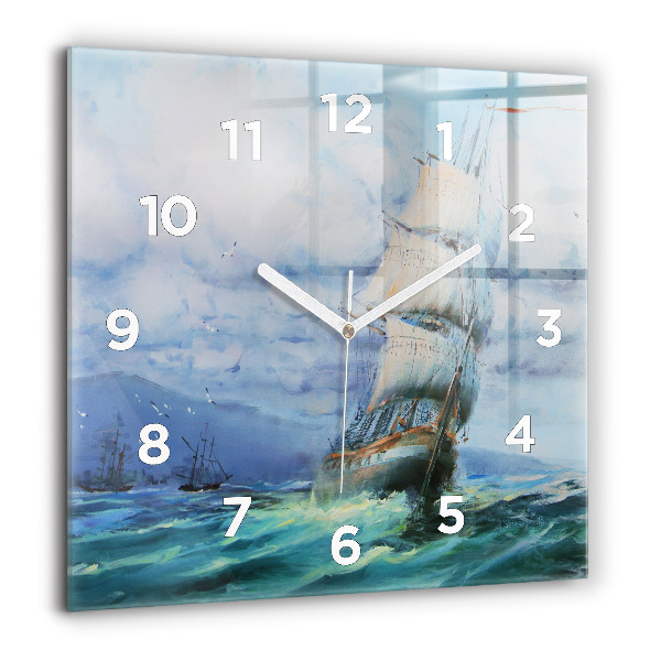 Square glass wall clock A ship on the water