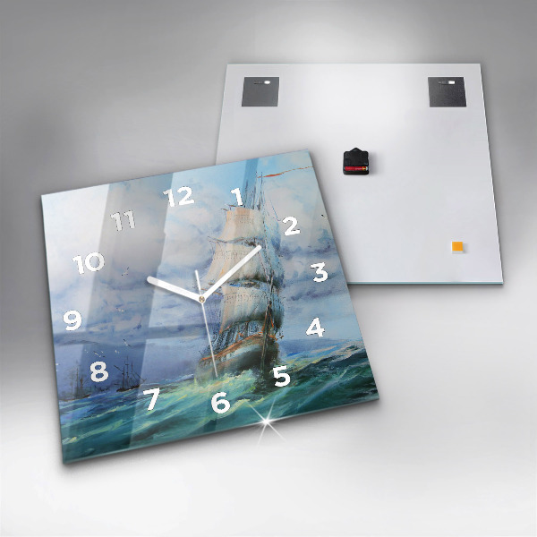 Square glass wall clock A ship on the water