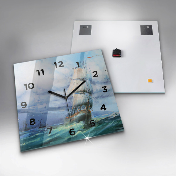 Square glass wall clock A ship on the water