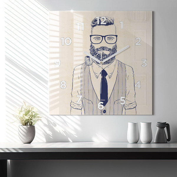 Square glass wall clock Man with a beard