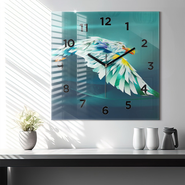 Square glass wall clock Image of a flying eagle