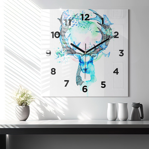 Square glass wall clock Deer illustration