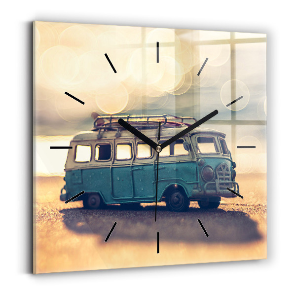 Square glass wall clock Camper on the beach