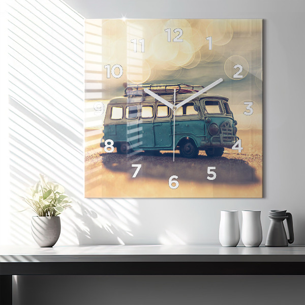 Square glass wall clock Camper on the beach