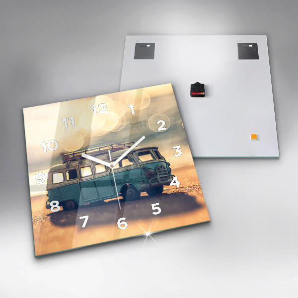 Square glass wall clock Camper on the beach